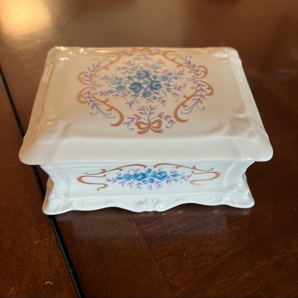 Vintage Limoges France White Rectangular Trinket Box With Blue Flowers